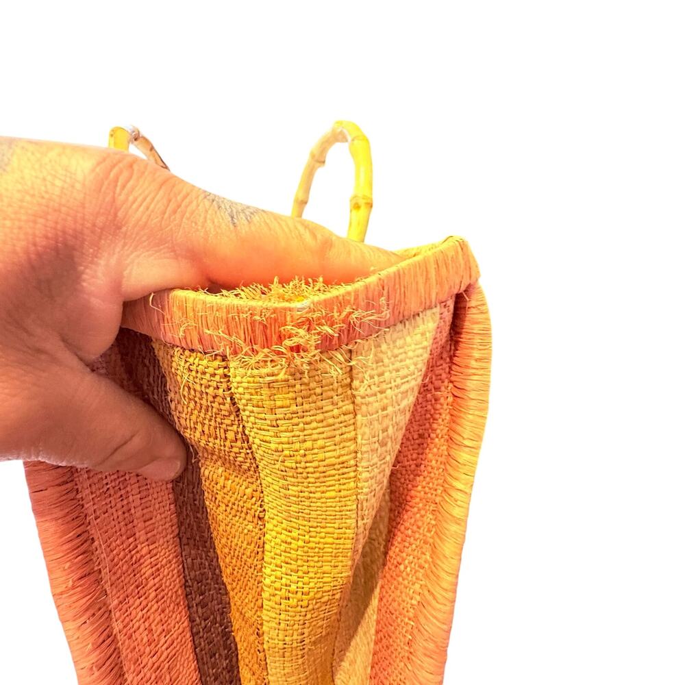 Flora Bella Striped Orange, Yellow & Brown Woven Tote with Bamboo Handles *read* - Picture 9 of 12